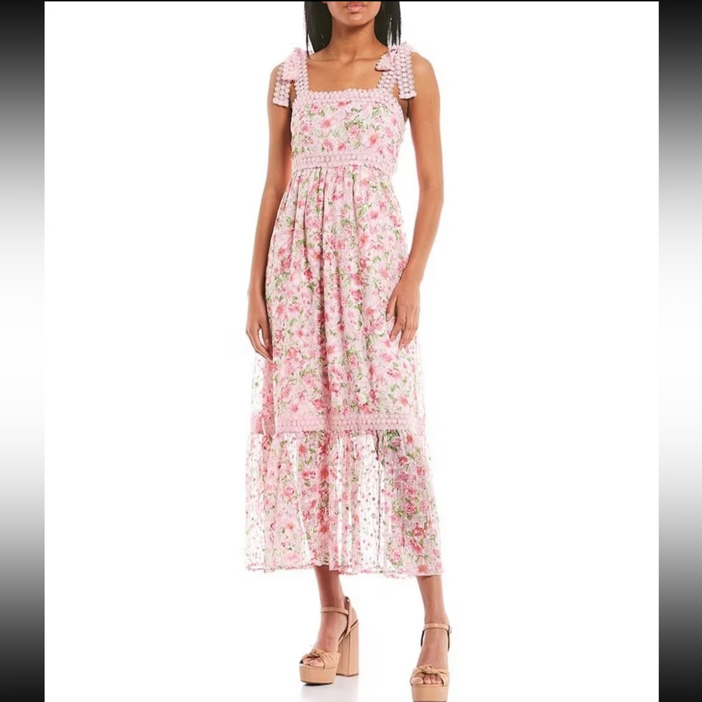 Pink Floral Lace Trim Midi